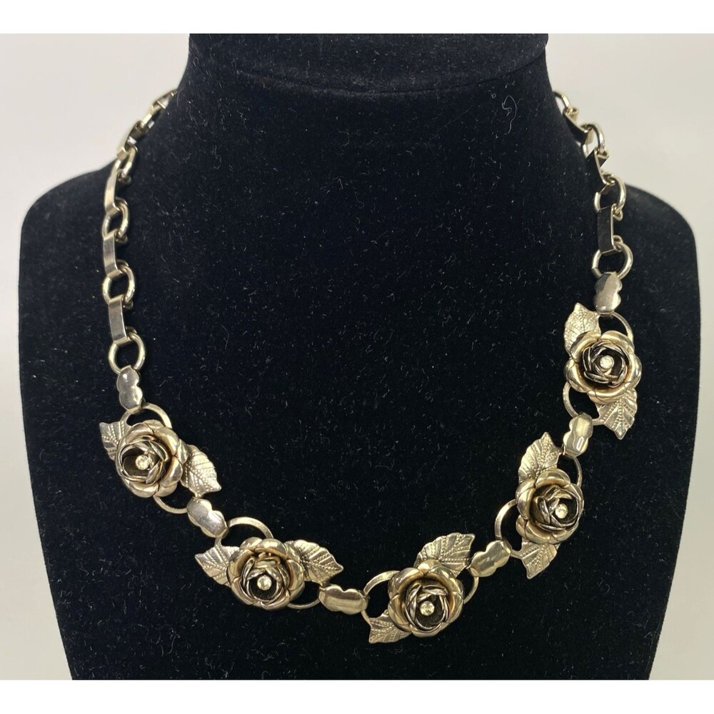 Vintage Cabbage Rose Silver tone Link Necklace Floral with Rhinestones Gift Love